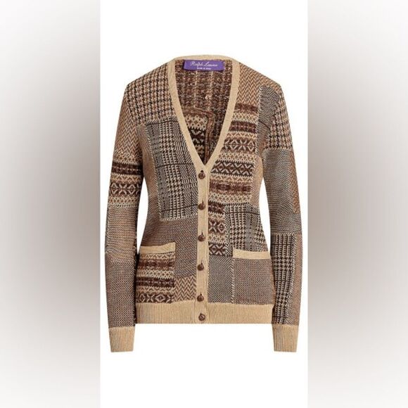 Ralph Lauren Collection ~ Fall Tan Multi Patchwork Linen-Blend Cardigan - Picture 6 of 17